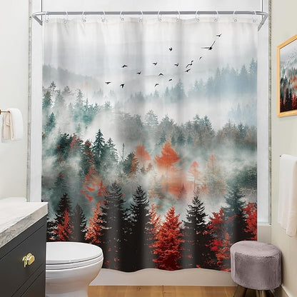 Riyidecor Red Green Mountain Shower Curtain 60Wx72H Inch Black Nature Woodland Scenery Foggy Misty Scenic Landscape Woods Rustic Dark Natural Bathroom Decor Fabric Polyester Waterproof 12 Pack Hooks