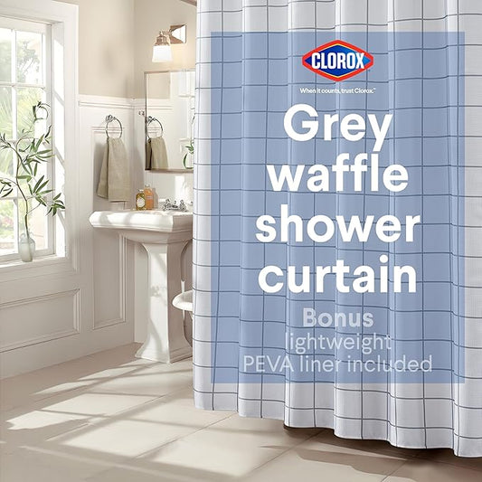 CLOROX Bathroom Waffle Windowpane Pattern Shower Curtain with Waterproof Lightweight PEVA Liner Set, Standard Size, Metal Grommets, No Hooks 72" x 72" - 2 Pc Set - Grey w Frosty PEVA
