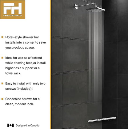 Shower Foot Rest, Corner Shower Bar for Shaving Legs, Wall Mounted Hotel Shower Foot Ledge, Brass Bar Bathroom Foot Step (Polished Chrome with Grip Rings)