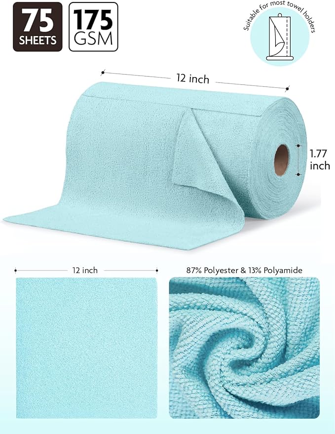 Fantasticlean Microfiber Cleaning Cloth Roll -75 Pack, Tear Away Microfiber Towels, 12" x 12", Reusable, Washable, Scratch Free, Ultra Absorbent Dishcloth for Home Supplies, Car, Pet, Kitchen (Blue)