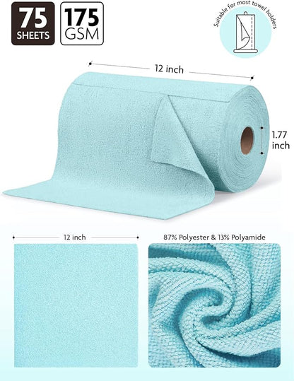 Fantasticlean Microfiber Cleaning Cloth Roll -75 Pack, Tear Away Microfiber Towels, 12" x 12", Reusable, Washable, Scratch Free, Ultra Absorbent Dishcloth for Home Supplies, Car, Pet, Kitchen (Blue)