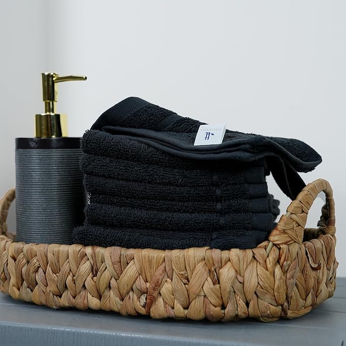 Tens Towels Pack of 12 Washcloths, 12 x 12 Inches, Lighter Weight, Quick to Dry, Super Soft & Absorbent, Gentle Face Towels, Hotel Quality, Perfect for Bathroom, Gym, Spa (Black, 12 Pack)