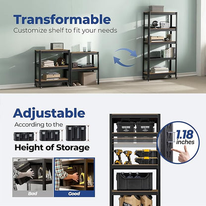 HOMEDANT House 5-Tier Metal Rolling Cart Shelf Rack Casters Heavy Duty Laminated Wheel Shelving Unit Adjustable Utility Storage Shelves Organizer Shelf Kitchen Garage (4, (S) 24.4" W, Black)