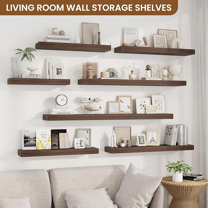 fuqing Floating Shelves for Wall, Wall Mounted Wood Floating Shelf with Invisible Brackets for Living Room, Bathroom, Bedroom, Kitchen Storage and Decor, 32 Inch Set of 2, Walnut