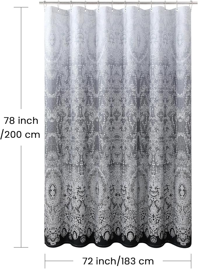 78 Inch Long Shower Curtain - Chantilly Lace Design, Heavyweight Polyester, Black to White Ombre, 72" W x 78" H