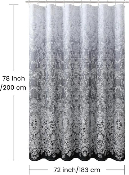 78 Inch Long Shower Curtain - Chantilly Lace Design, Heavyweight Polyester, Black to White Ombre, 72" W x 78" H