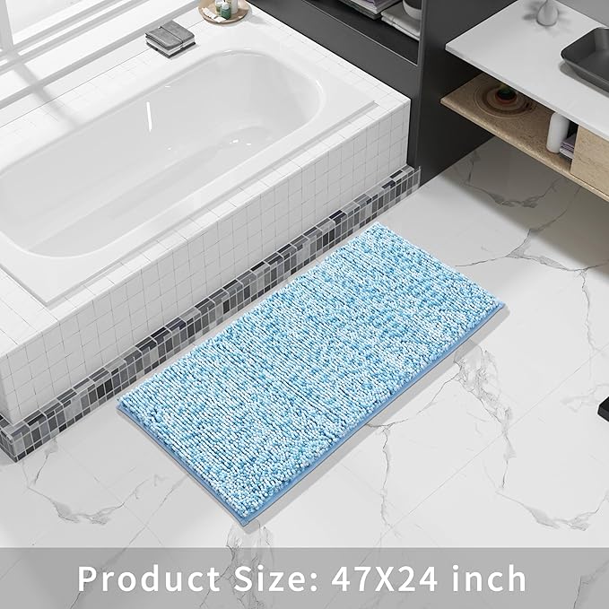 Yimobra Luxury Bathroom Rugs, 47x24, Extra Soft Chenille Mats for Bathroom Non Slip, Fluffy Long Matts for Tub, Plush Shaggy Carpet Runner, Water Absorbent, Machine Washable, Blue & Light Blue