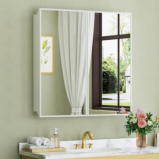 Buruis 30" x 30" Framed Medicine Cabinet with Mirror, Recessed or Wall Mounted Bathroom Cabinet, Adjustable Tempered Glass Shelves, Left/Right Open Reversible, No Assembly Required, White
