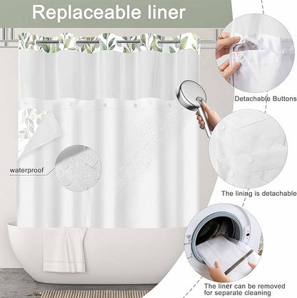 No Hook Shower Curtain and Liner Set, Green Eucalyptus Floral Shower Curtains for Bathroom, Bath Curtain Sets with Snap in Liner, Waterproof with See Through Top Window, 54x80 Inches