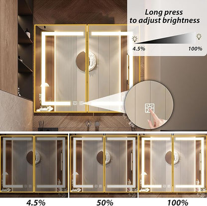 APRILSOUL 40X32 Inch Gold Bathroom Medicine Cabinet with Mirror, Recessed or Surface Lighted Medicine Cabinet with 3 Colors Temperature, Dimmable Light