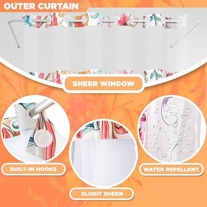 Hookless Shower Curtain with Snap-in Liner Set, Floral, Vibrant Watercolor Fabric, See Through Sheer Window, Washable, 3 Magnet Weights, No Hook, Waterproof, Boho Farmhouse, Standard Size