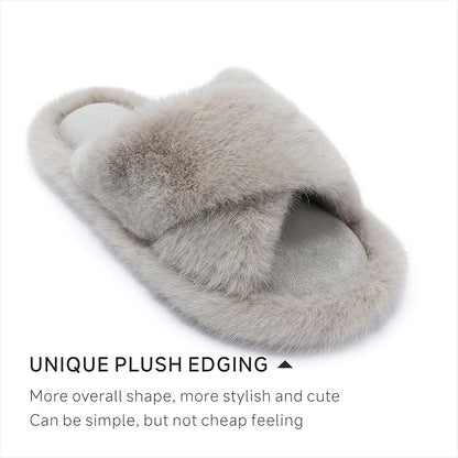 Chantomoo Womens Slippers Memory Foam Fuzzy Cross Band Faux Fur Slippers for Women Gift