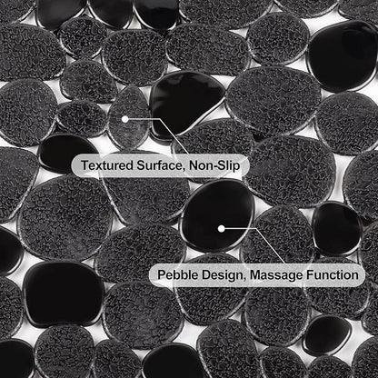 WELTRXE Pebbles Bath Mat for Tub Black Non-Slip Bathtub Mat with Suction Cups, Drain Holes for Bathroom Showers, Tub, Machine Washable, BPA, Latex Free Oval Shower Mats Bath Tub mat, 27 x 14 Inch