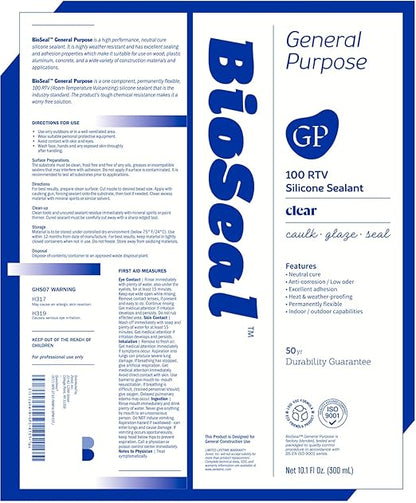 Clear BioSeal 100% Silicone Sealant Caulk General Purpose, Waterproof and Low Odor 10.1 Ounce Cartridge, Clear, (Pack of 1)