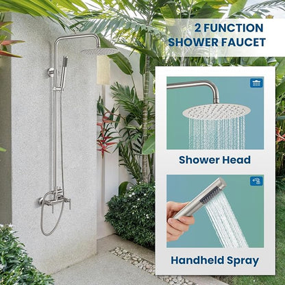 gotonovo Outdoor Shower Fixtures SUS304 Stainless Steel Rain Shower Kit Faucet High Pressure Wall Mount 2 Dual Function 8 Inch Showerhead and Handheld Spray Combo, Double Lever Handle, Brushed Nickel