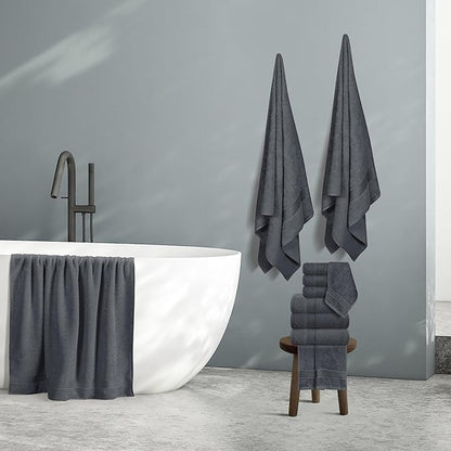 Belizzi Home 100% Cotton Towel Set, Contains 6 Soft Bath Towel, 6 Hand Towel, 12 Wash Cloth - Compact Absorbent Lightweight & Quickdry Towels for Bathroom - 24 Piece Bathroom Towel Set - Charcoal Grey