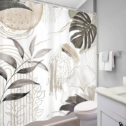 Gray Boho Shower Curtain 72Wx72H Tropical Palm Leaves Bohemian Botanical Abstract Modern Mid Century Bathroom Decor Geometric Plant Minimalist Gray Bath Curtain Fabric Polyester 12 Pack Hooks