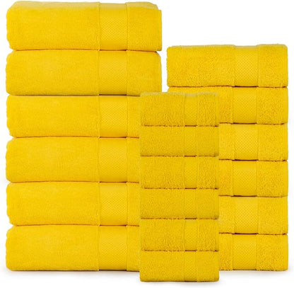 Hencely 18-Piece Bath Towel Set - High Absorbency, Quick Drying - 100% Soft Turkish Cotton - 6 Bath Towels, 6 Hand Towels, 6 Washcloths - for Bathroom, Home, Hotel, Spa, and Gym - 18-Pack Yellow