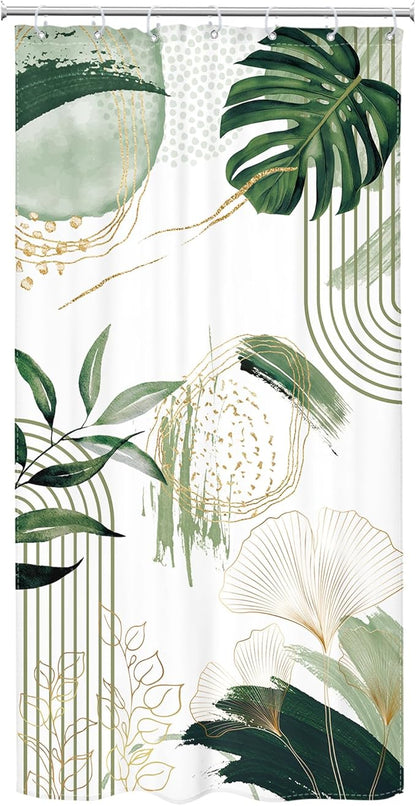 Small Stall Boho Shower Curtain 36Wx72H RV Sage Green Modern Mid Century Bohemian Abstract Palm Leaves Tropical Bathroom Decor Half Narrow Standing Bath Curtain Fabric Polyester 7 Pack Hooks