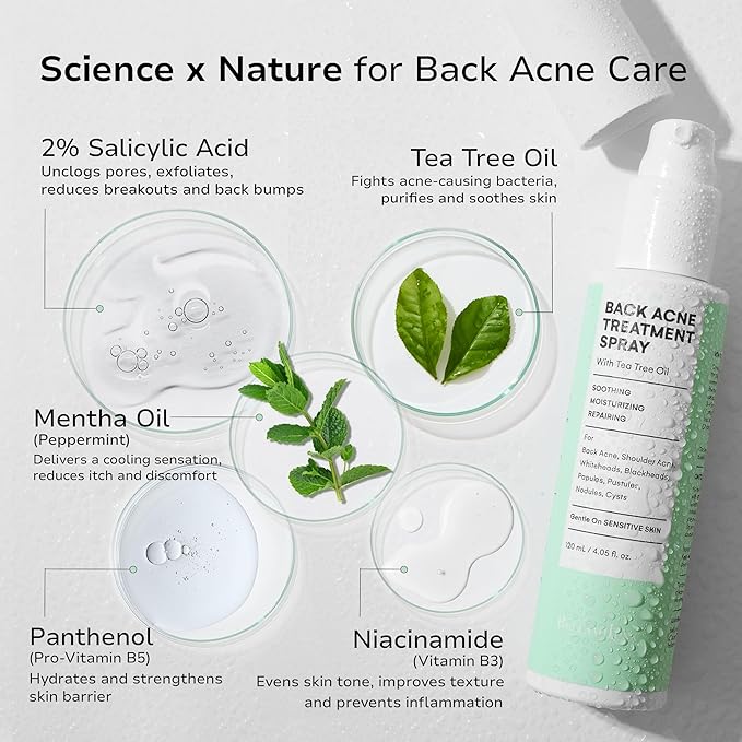 Back and Body Acne Treatment Spray: 2% Salicylic Acid & Tea Tree Oil Bacne Spray for Clear, Soothe & Moisturize - Effective for Men, Women, Teens with Back, Shoulder, Arm, and Chest Acne