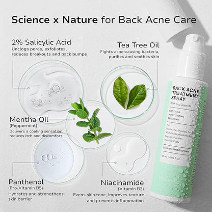 Back and Body Acne Treatment Spray: 2% Salicylic Acid & Tea Tree Oil Bacne Spray for Clear, Soothe & Moisturize - Effective for Men, Women, Teens with Back, Shoulder, Arm, and Chest Acne