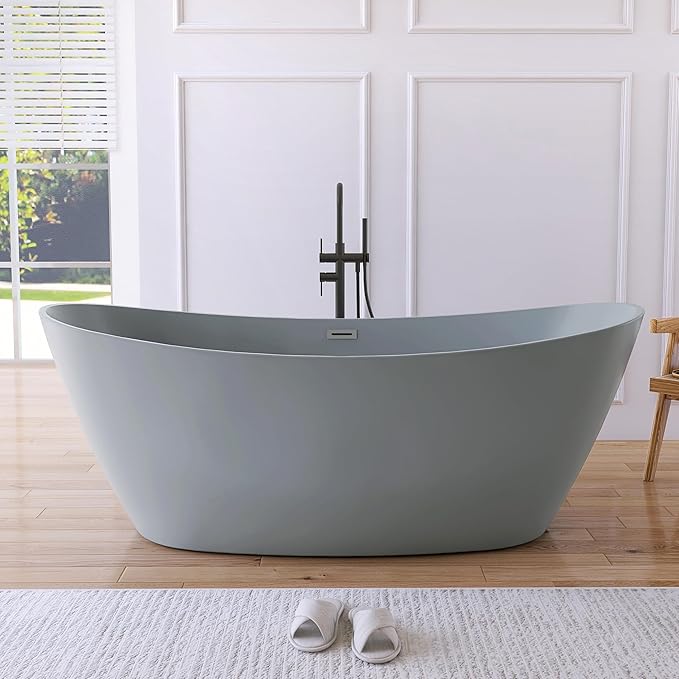 71" Acrylic Freestanding Bathtub, High-back Soaking Tub for Bathroom, Stand Alone Tub, cUPC Certified, Integrated Overflow and Drain, Gloss Grey