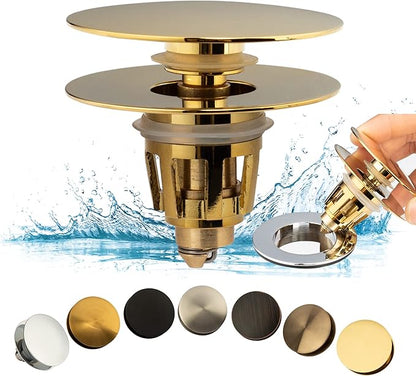 Artiwell Universal Bathroom Sink Drain Stopper, Fits Most Pop-Up Drains for Vessel Sink Lavatory Vanity, Sink Drain Strainer with Detachable Hair Catcher, Tested by Plumber in US (Polished Brass)