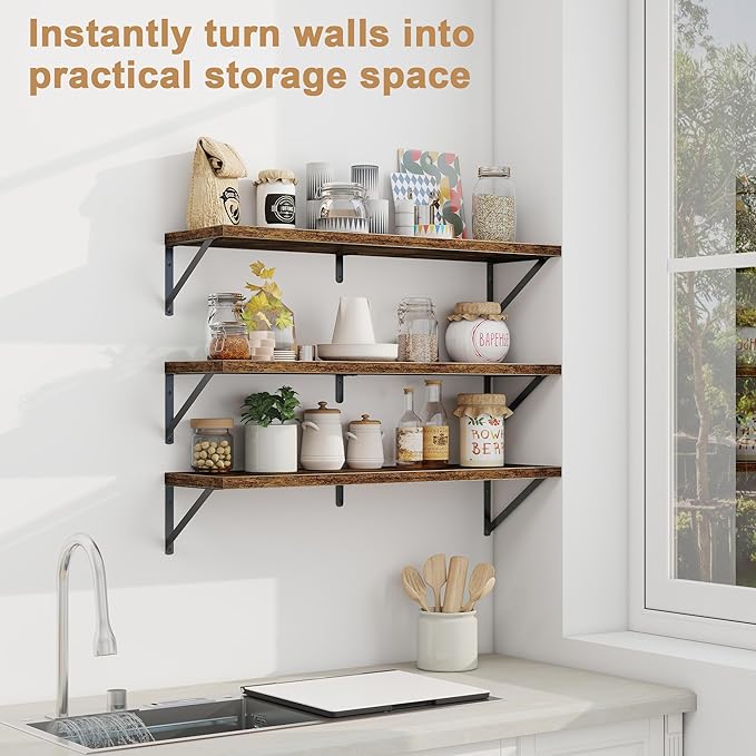 Fun Memories Floating Shelves for Wall, 36 Inches Long Set of 3 Wall Shelves for Bedroom, Floating Bookshelves with Metal Brackets for Living Room, Kitchen, Bedroom and Laundry Room (Rustic Brown)