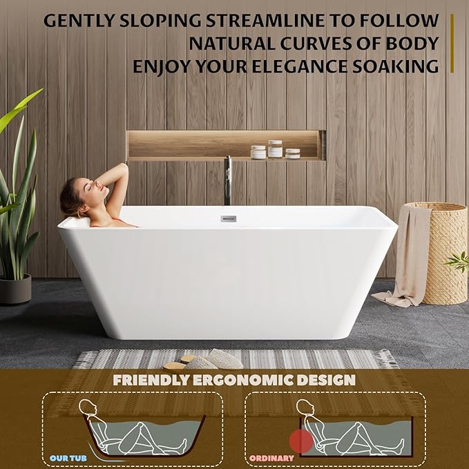 66 Inch Freestanding Bathtub, Modern Soaking Bathtub, Freestanding Rectangular Tub with Non-Slip Base and Easy Drain, Deep Design for Adults, Ideal for Bathroom Relaxation, Chrome Drain, White