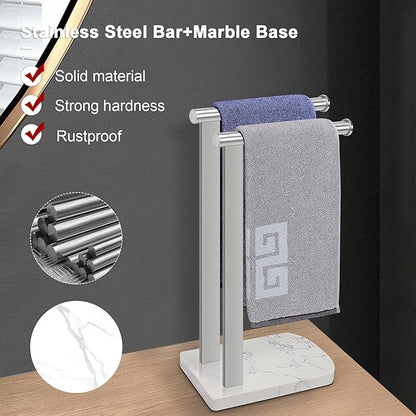 NearMoon Hand Towel Holder with Balanced Marble Base, SUS304 Stainless Steel Stand Towel Ring L Shape Hand Towel Rack Free-Standing Towel Bar for Bathroom Kitchen Countertop(Double Rod Brushed Nickel)