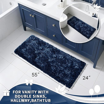 Yimobra Long Bathroom Rugs Runner 55x24 Inch, Extra Thick Soft Absorbent Chenille Bath Mat, Non Slip Machine Washable, Quick Dry Bath Rugs for Bathroom Floor, Tub and Shower, Navy Blue