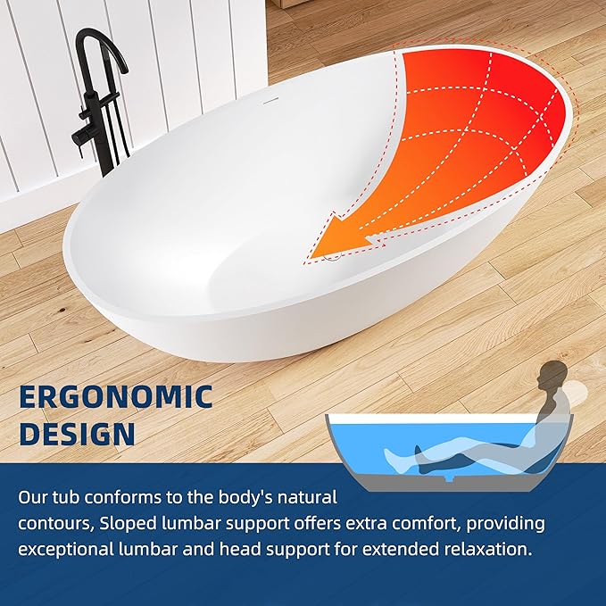 71'' Freestanding Solid Surface Resin Stone Bathtub, Freestanding Tub, Contemporary Design Stand Alone Tub with Pop-up Drain and Overflow, cUPC Certified, Matte White (Oval) AM3031800…