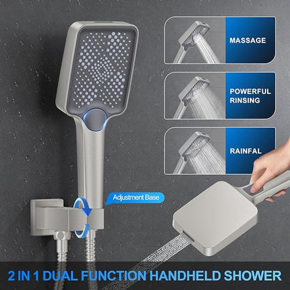 Shower Faucet Set, 12" Wall Mount Rainfall Shower System with 2 Rain Shower Head and Multi-function Handheld Head Push Button Diverter Shower Faucet Trim Kit, Brushed Nickel