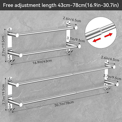 Adjustable Towel Bar for Bathroom Wall Mount17-30.7inch Adhesive Shower Towel Rack Stainless Steel Bath Towel Holders for Toilet Kitchen Double Towel Hanger (2 Layer)