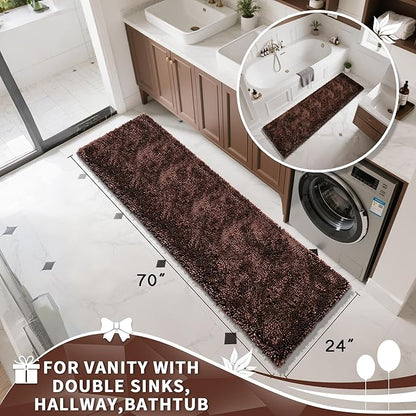 Yimobra Long Bathroom Rugs Runner 70x24 Inch, Extra Thick Soft Absorbent Chenille Bath Mat, Non Slip Machine Washable, Quick Dry Bath Rugs for Bathroom Floor, Tub and Shower, Brown