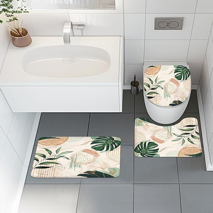 4 PCS Boho Shower Curtain Set 72Wx72H, Non-Slip Bath Rug Toilet Lid Cover and U Shape Mat Green Modern Tropical Palm Leaves Complete Bathroom Set Accessories with 12 Hooks Bathroom Decor