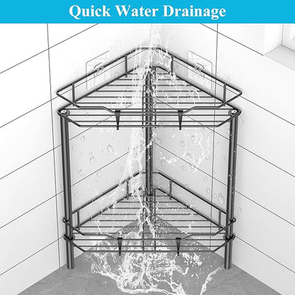 2 Tier Floor Standing Corner Shower Caddy Organizer Shelf with Hooks, Bathroom Shelves Stand Rack, Matt Black