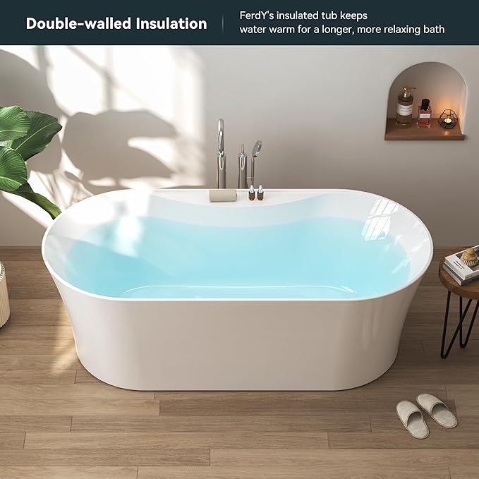 FerdY Santorini 67" Acrylic Freestanding Tub, Gracefully Shaped Contemporary Soaking Tub, Glossy White, cUPC Certified, White Toe-tap Drain and