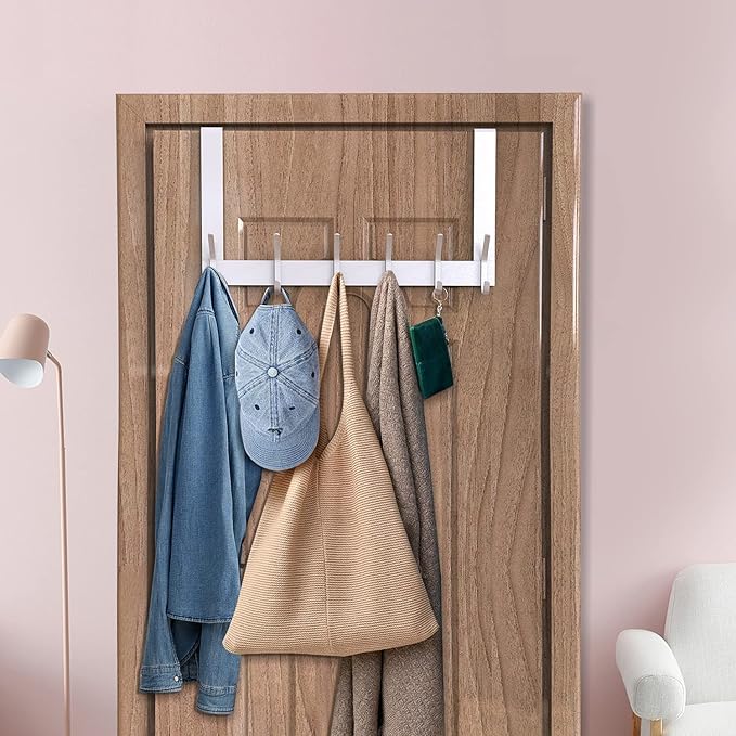 DOKU Over The Door Hook, Heavy Duty Over Door Hanger Holder for Coat Robe Hat Clothe Towels Hanging, Bathroom Organizer Towel Rack 12 Hooks, White