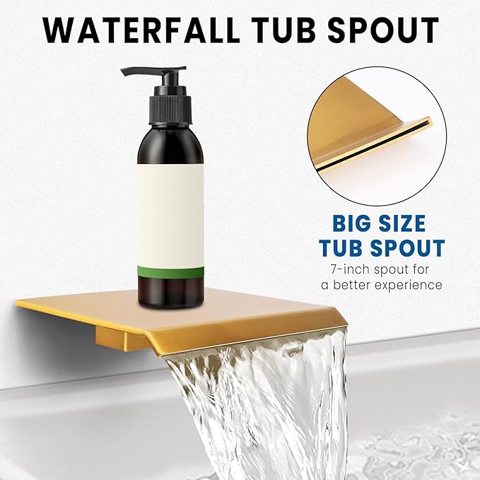 Wall Mounted Shower Faucet Set, Shower System with Tub Spout, 10 Inch Rainfall Shower Head with Handheld Spray, Waterfall Tub Spout Bathtub Faucet, Brushed Gold