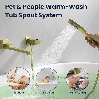 Wall Mount Bathtub Faucet Set Included 180°Swivel bathroom Tub Filler faucets and handheld Shower，high Flow Tub Spout with Solid Brass Push-button Diverter Pressure Balance Valve,Brushed Gold
