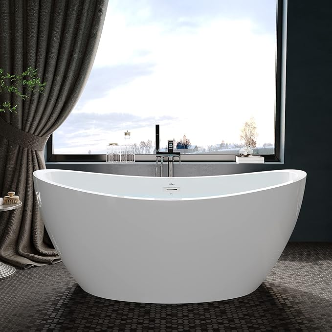 FerdY Naha 59" Acrylic Freestanding Bathtub, Curve Edge Freestanding Soaking Bathtub, Glossy White, cUPC Certified, Toe-Tap Chrome Drain & Overflow Assembly Included, 02588