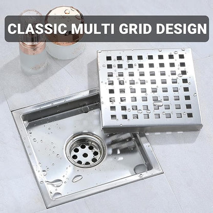 6 Inch Square Shower Floor Drain, Stainless Steel Black Shower Drain Kit with Flange, Floor Drain with Removable Grid Cover,Brushed Nickel