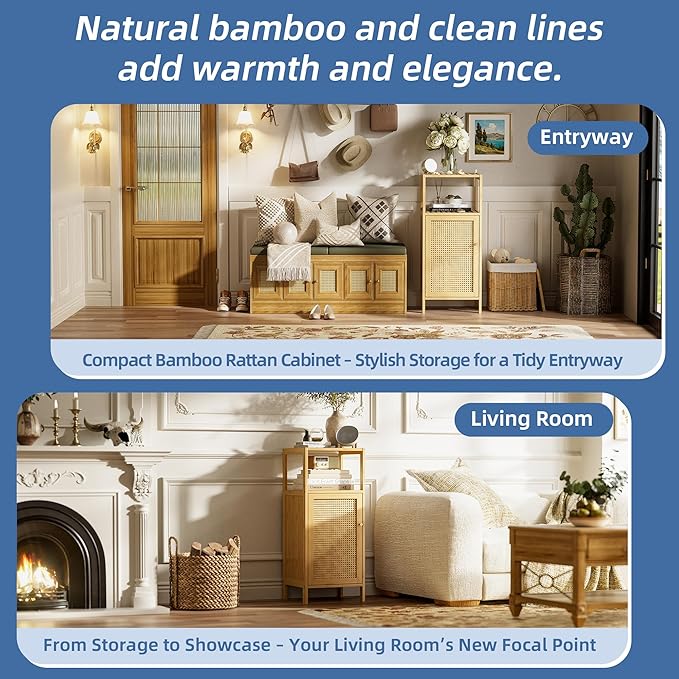 HITNET Rattan Bathroom Storage Cabinet, Small Bamboo Floor Cupboard with Door, Freestanding Narrow Side Organizer for Living Room, Kitchen, Entryway, Natural