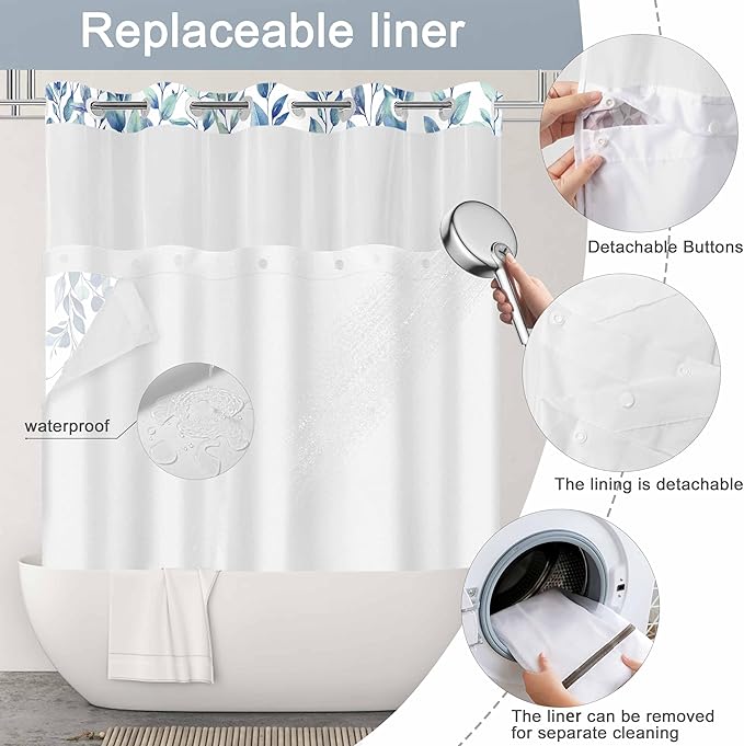 No Hook Shower Curtain and Liner Set, Blue Eucalyptus Floral Shower Curtains for Bathroom, Bath Curtain Sets with Snap in Liner, Waterproof with See Through Top Window, 71x77 Inches