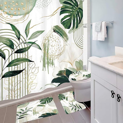 4 PCS Sage Green Boho Shower Curtain Set 72Wx72H, Non-Slip Bath Rug Toilet Lid Cover and U Shape Mat Modern Tropical Palm Leaves Complete Bathroom Set Accessories with 12 Hooks Bathroom Decor
