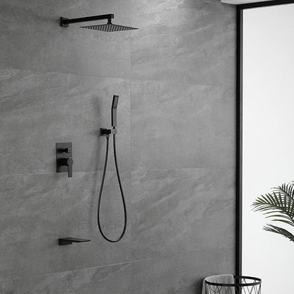 SHAMANDA Shower System with Waterfall Tub Spout and Handheld Shower Head, 10" Rain Shower Faucet Sets Complete with Shower Round-in Valve and Trim Wall Mount, Matte Black, L1010-7