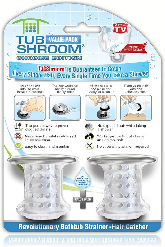 TubShroom Bathtub Drain Protector and Hair Catcher - 2 Pack, Chrome - Fits 1.5" - 1.75" Bathtub and Shower Drains
