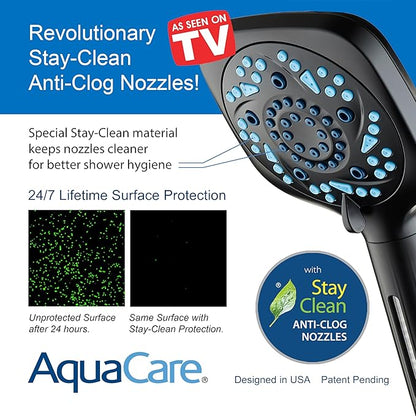 AquaCare High Pressure 10 Spray Mode Filtered Showerhead - Handheld Shower Head Filters Chlorine to Heal Dry Skin, Revive Hair - Dual Power Wash Cleans Tub, Tile, Pets - Hard Water Softener, Black