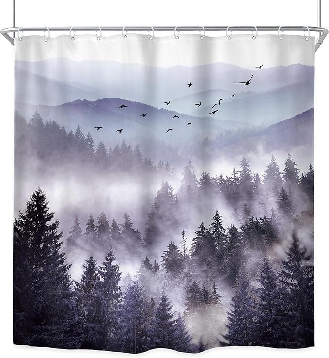Riyidecor Purple Mountain Shower Curtain 72Wx78H Inch Nature Scenery Landscape Rustic Pine Tree Misty Foggy Mountain Dark Natural View Mens Bathroom Decor Fabric Polyester Waterproof 12 Pack Hooks